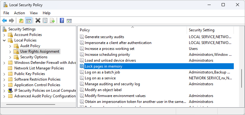 Windows security: Lock pages in memory