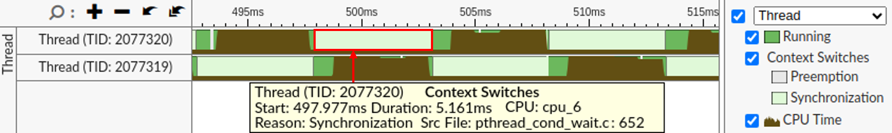 使用两个工作线程运行 Python 脚本时 VTune 的时间线视图（其他线程已过滤掉）。