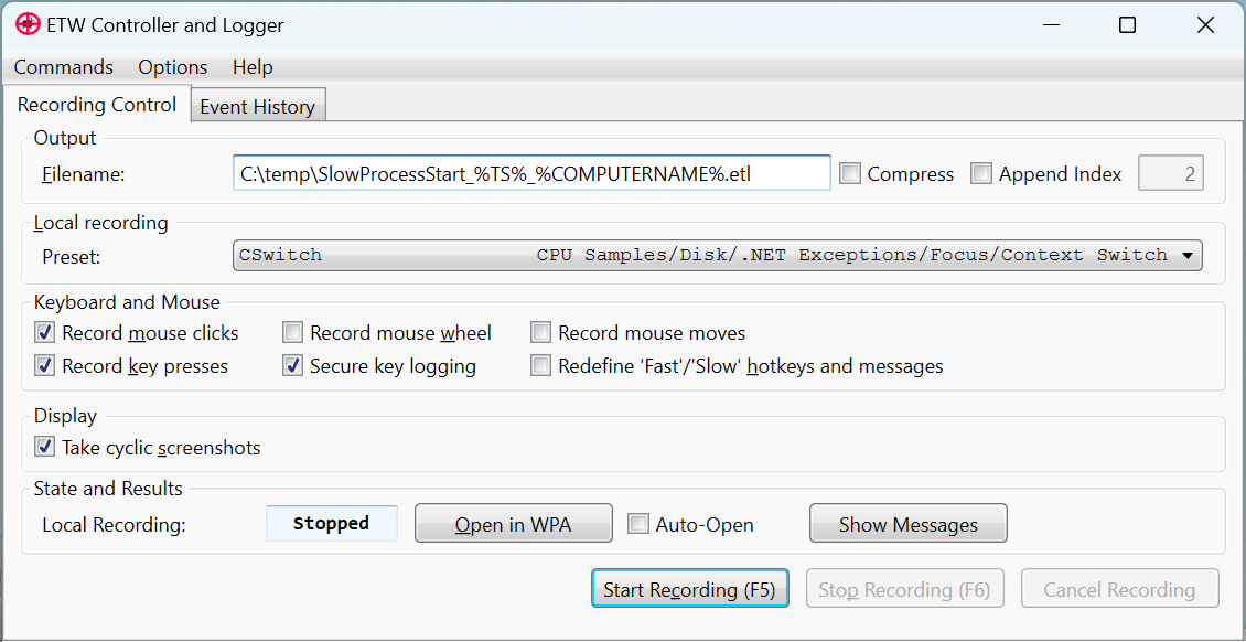 Starting ETW collection with ETWController UI.