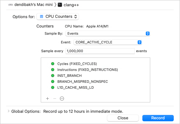 Xcode Instruments：CPU Counters 选项。